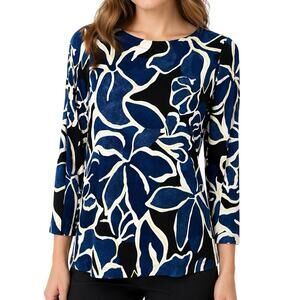 Chicos SMALL 0 US 4/6 Slinky Blue Black Yellow Stretchy Floral Blouse Shirt Top